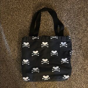 Small Black Tote Bag with White Skull and Heart Design